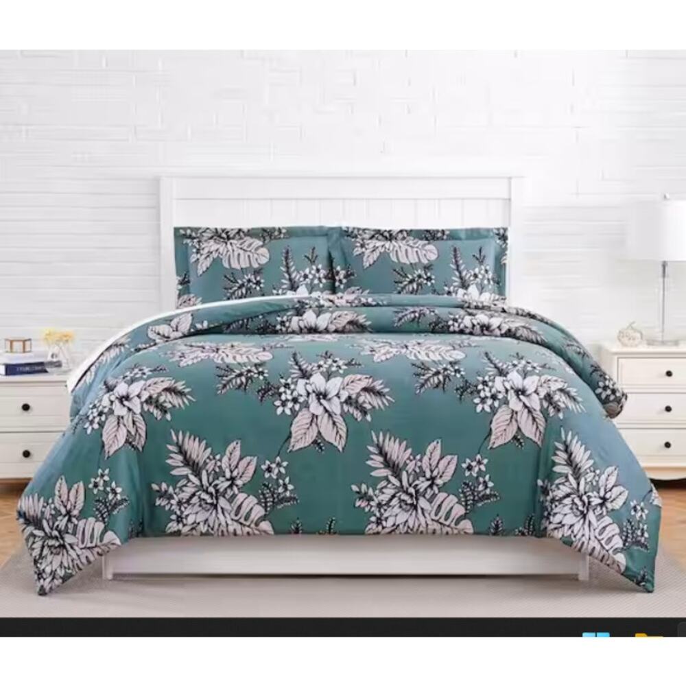 SouthShore Duvet Cover 2 Shams NEW Floral Green All Cotton Button Closure